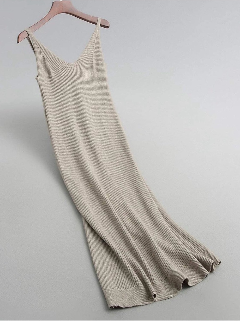 Rib Knit Sweater Slip Dress in Light Beige Oatmeal, large